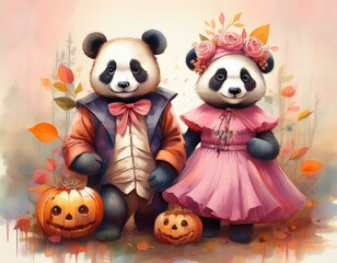 Naklejka premium trick or treat pandas with costumes, Pastel Watercolor Pink Dresses, autumn halloween celebration card illustration art