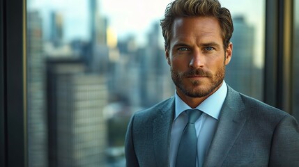 Fototapeta premium a well dressed confident professional businessman stands in a modern corporate skyscraper office exuding a sense of vision ambition and success,a cityscape backdrop.create by F.a