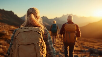A trio of hikers, two women, and a man, walk with backpacks at sunset along a rugged mountain path, symbolizing determination, wanderlust, and tranquility.