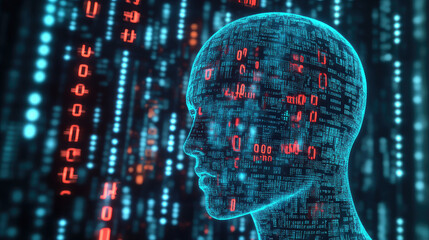 security breaches showing visual of digital head with binary code and holographic elements, representing AI head scanning data 