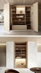 Fototapeta premium Modern Minimalist Kitchen Cabinet with Integrated Lighting and Open Shelving