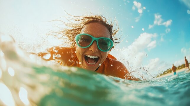 A vibrant woman wearing sunglasses enjoys playing in the ocean waves, radiating joy and vitality under the bright sun, capturing a carefree and exhilarating moment.