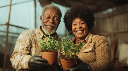 An older couple, embracing their gardening hobby, smiles warmly in their greenhouse while proudly holding potted plants, showcasing joy, unity, and shared interests.