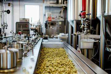 Behind the scenes of the brewing process with hops and barley in a craft brewery setting