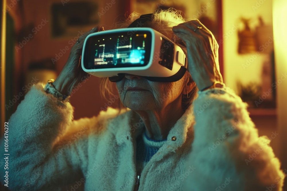 Poster a woman is immersed in a virtual world using a vr headset and controller.