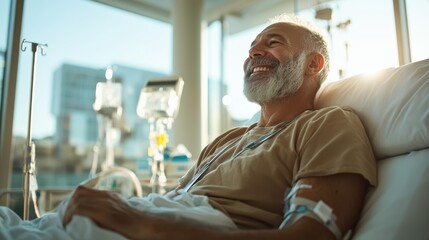 A bearded older man rests contentedly in a hospital room, receiving treatment and surrounded by medical equipment, conveying a sense of comfort and care.