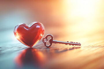 A romantic heart symbol paired with a vintage key, representing love and connection in a warm, soft light background.