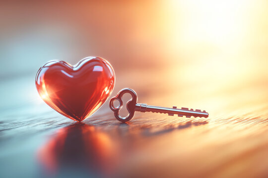 A romantic heart symbol paired with a vintage key, representing love and connection in a warm, soft light background.