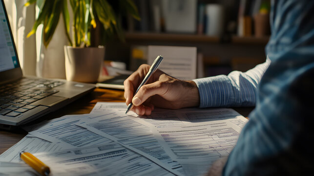 Taxpayer anxiously reviewing forms before filing last-minute taxes online