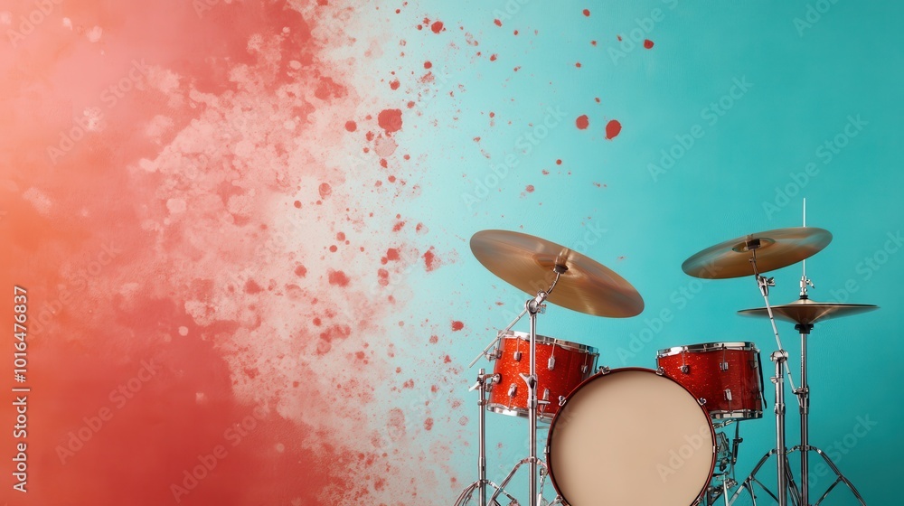 Poster a red drum set is showcased against a vibrant background blending red and turquoise, with an artisti