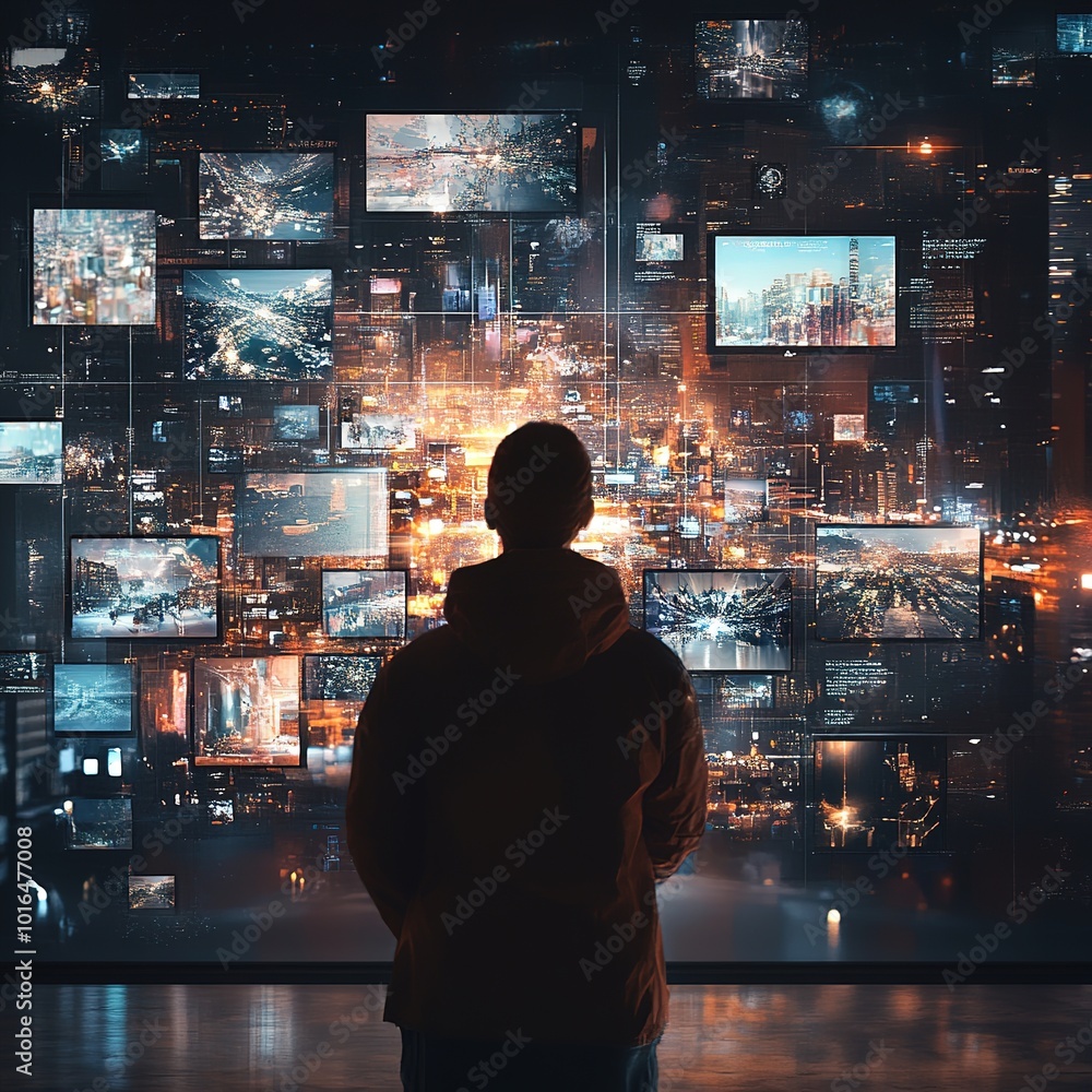 Poster a person stands in front of a digital display wall featuring multiple screens showcasing vibrant, il