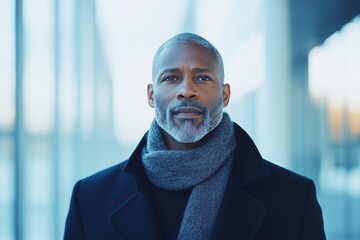 middle aged Black man in a sharp winter overcoat and scarf, walking through a sleek office hallway with bright lighting
