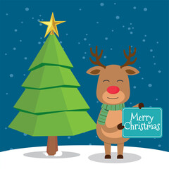 Merry Christmas and Happy New Year with Christmas deer. Winter holiday cartoon. Vector.