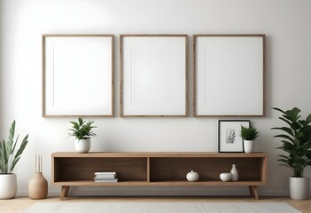 A minimalist living room interior with wooden shelves, white walls, and three empty picture frames.