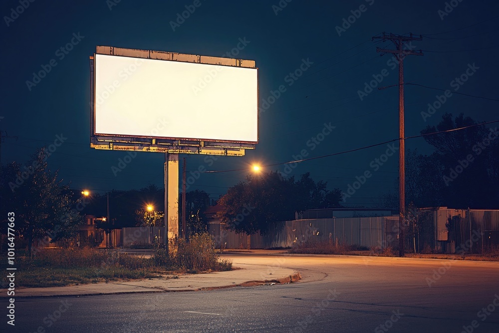 Poster An empty billboard illuminated at nighttime with a bright glow.