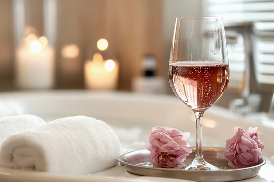 Fototapeta bubble bath with candles and glass of rose wine nearby for self care