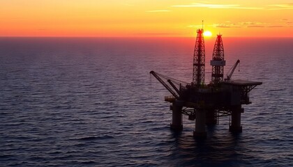 Fototapeta premium Sunset Over Offshore Oil Rig in Ocean Waters