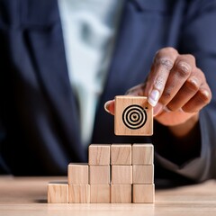 a businessman's hand placing a wooden block on a step leading to a building structure, adorned with a target icon, symbolizing strategic advancement and progress within a business plan framework.