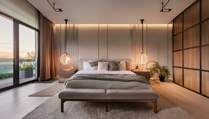 a contemporary bedroom with a neutral palette, featuring a stylish platform bed bathed in soft ambient lighting, and adorned with decor to create a tranquil retreat for rest.