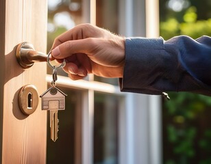 a landlord's key is being inserted into the lock of a house door. The keychain, dangling in the wind, bears the message Welcome Home, symbolizing a warm invitation to potential renters or buyers.