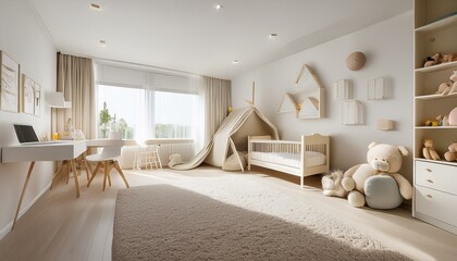 a modern children's room with light pastel tones, showcasing elements like furniture, decorations, and toys that reflect a sophisticated yet child-friendly design.