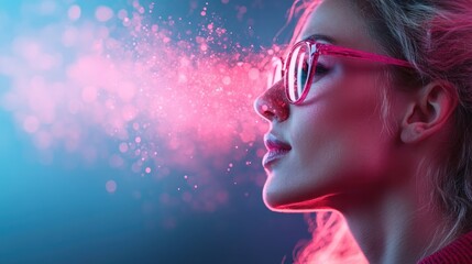 A woman wearing pink glasses is depicted in profile, surrounded by swirling pink sparkles in a dreamy and vibrant digital art style.
