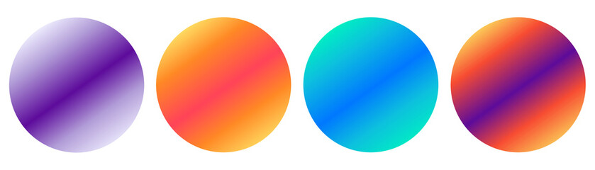Set of colorful gradient circles isolated on transparent background. Multicolor, vibrant circle gradients. Graphic design elements. Round vivid shapes in PNG file type. 