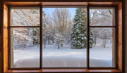 A residential window framed by a serene landscape of snow-covered surroundings and towering trees....