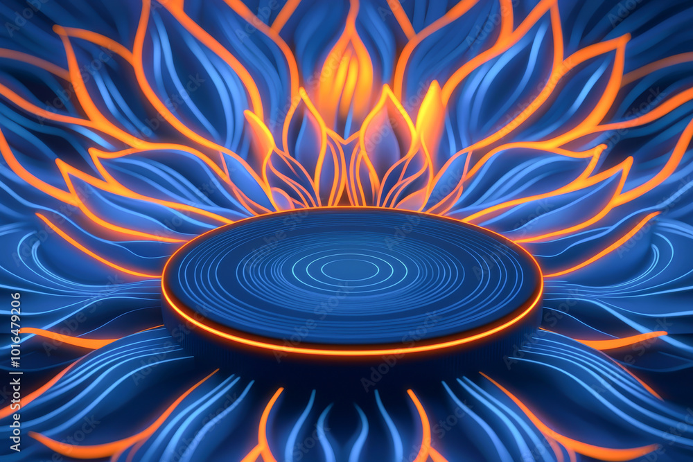 Poster a vibrant blue and orange lotus design, featuring intricate patterns and glowing elements for a tran