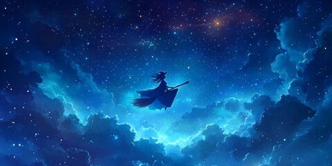 Fototapeta premium Witch soaring through a starry night, clouds softly swirling, enchanting scene of magic and tranquility in the midnight sky