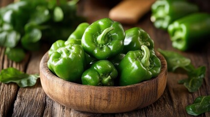 This image showcases fresh green bell peppers nested in a rustic wooden bowl, offering a sense of earthiness and abundance, ideal for healthy living themes.