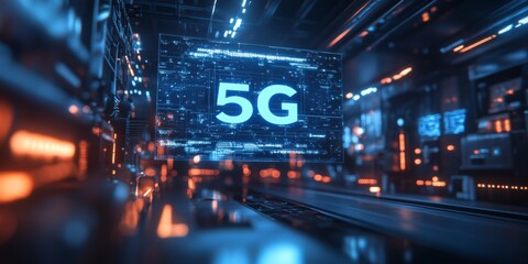 Blue holographic 5G projection, sharp focus, blurred matrix-style background, futuristic technology representation, digital innovation theme