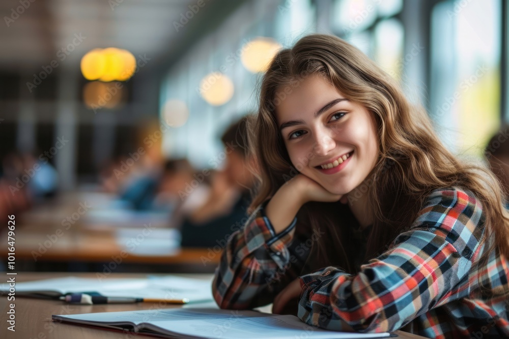 Poster Female student having an exam classroom looking happy.