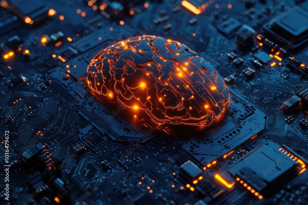 Aufkleber a circuit board with a glowing brain component, great for tech and innovation illustrations.
