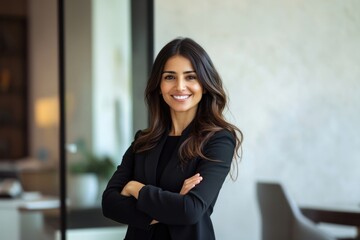 Hispanic smiling toothy Latino Indian successful confident Arabian businesswoman female executive corporate.