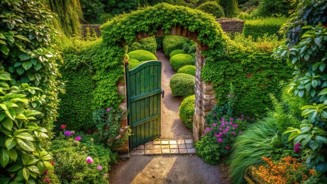 Aerial view of a partially open secret garden gate