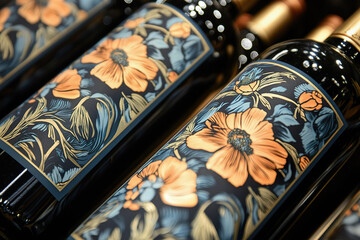 Detailed view of beautifully designed wine labels highlight artistic branding elements