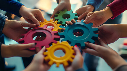 Close up of a team of business people holding colorful gears in their hands working together