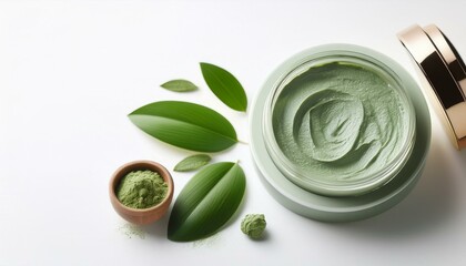 an exfoliating scrub enriched with green clay and natural ingredients, with a beauty mask delicately applied on a clean white background, inviting viewers to indulge in self-care.