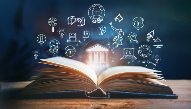 an open book surrounded by motivational symbols, the transformative journey of acquiring knowledge and the inspiration it brings, symbolizing the endless possibilities unlocked through learning.