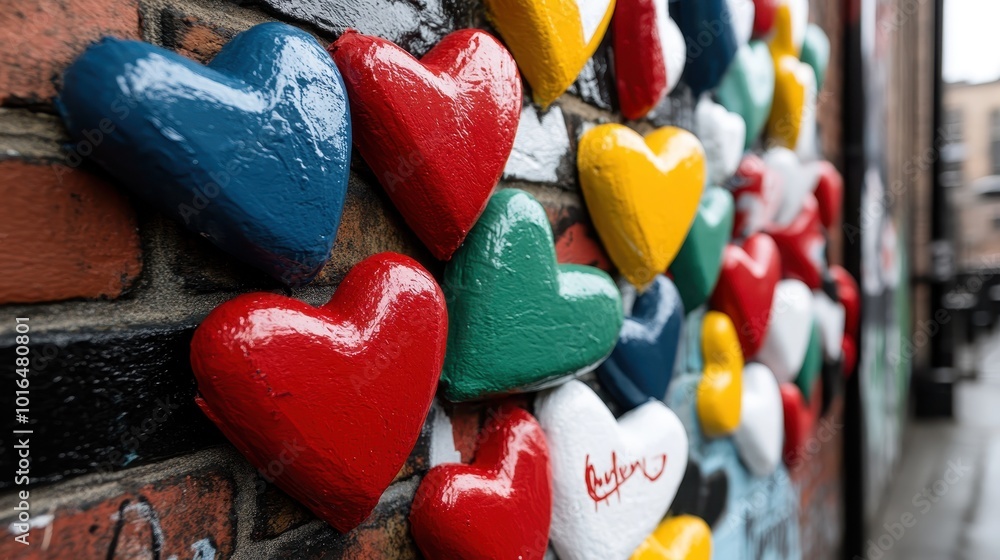 Poster a collection of colorful heart shapes are thoughtfully arranged on a textured brick wall, creating a