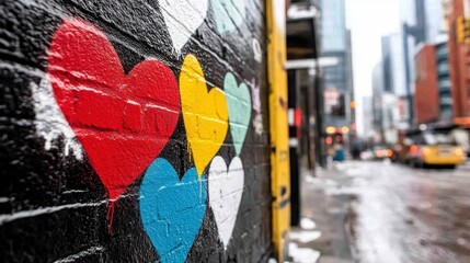 Colorful heart graffiti adorns a brick wall in a city setting, set beside a snowy sidewalk and urban scenery, imparting warmth amidst the cold surroundings.