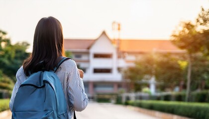 Obraz premium Back to school, Back of college student with backpack while going to university by walking from street, teenager in campus, education background, banner concept. Created with Generative AI technology.