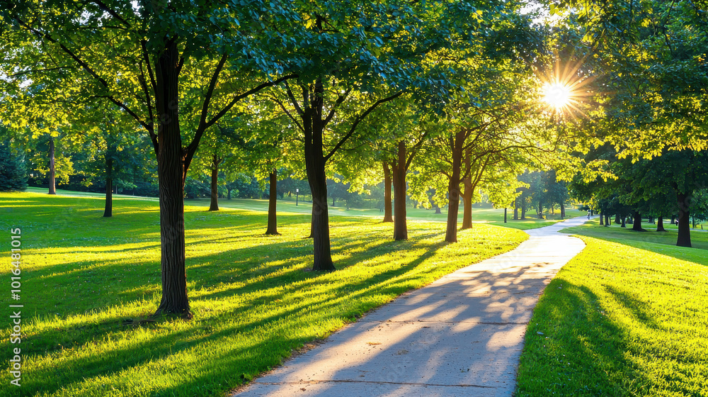 Poster sunlight filtering through trees in a peaceful park at dawn, casting shadows on the winding pathway