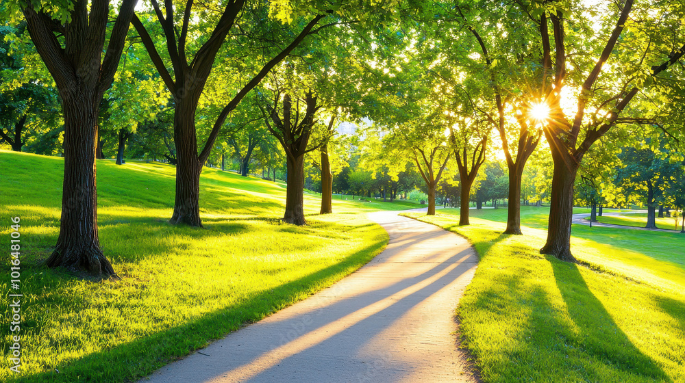 Poster serene walking path illuminated by sunlight, bordered by lush green trees in a tranquil park setting