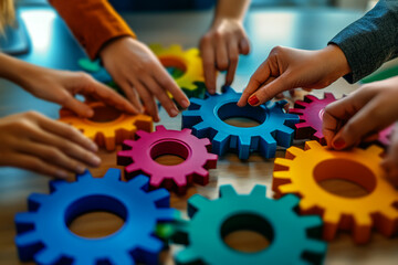 A group of people holding colorful gears in their hands, a collaboration and success concept.	
