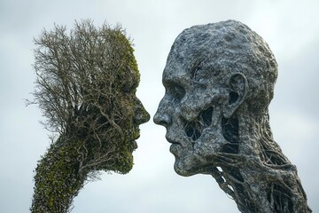 Profile of two tree faces, one lush and the other skeletal, facing each other in a moment of transformation, against a calm sky backdrop