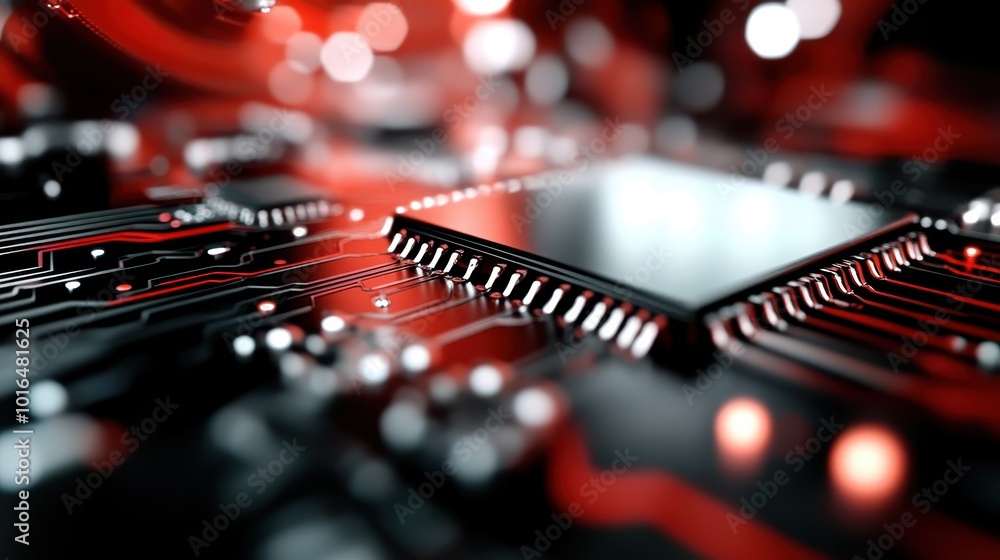 Poster a detailed close-up of an integrated circuit on a red glowing circuit board, capturing the essence o
