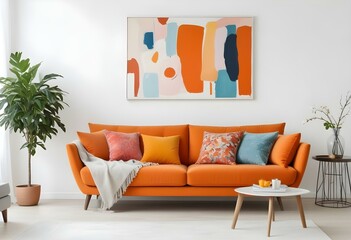 A modern living room with an orange sofa, colorful abstract paintings on the wall, and a floor lamp.