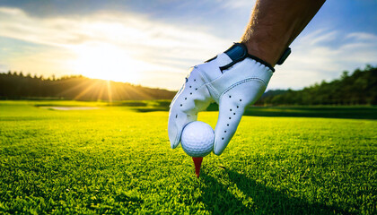 Close up of a golfer's hand wearing a white golf glove and placing a golf ball on a tee; Edmonton,...